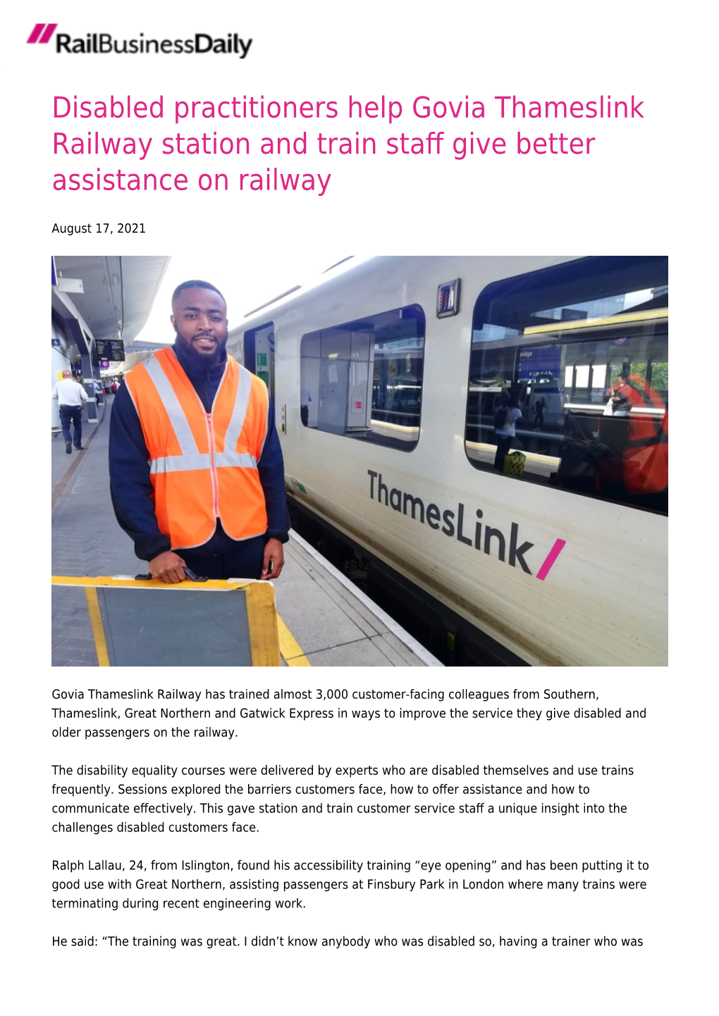 Disabled Practitioners Help Govia Thameslink Railway Station and Train Staﬀ Give Better Assistance on Railway
