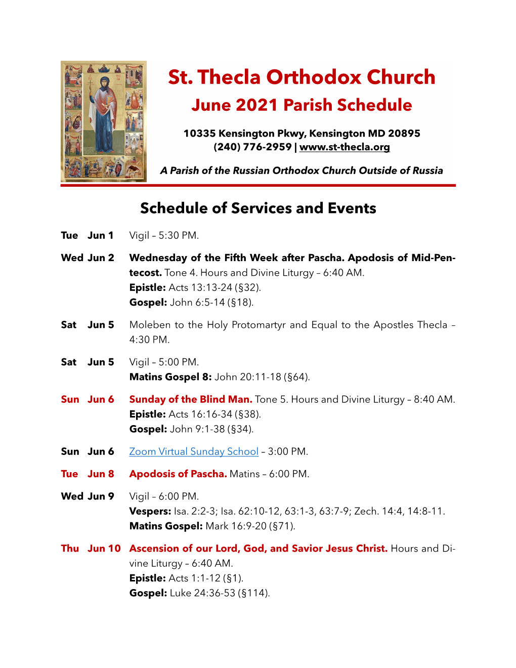 St. Thecla June 2021 Parish Schedule