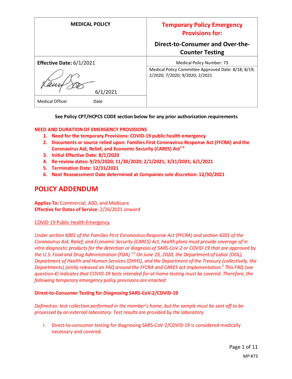 Temporary Policy Emergency Provisions For