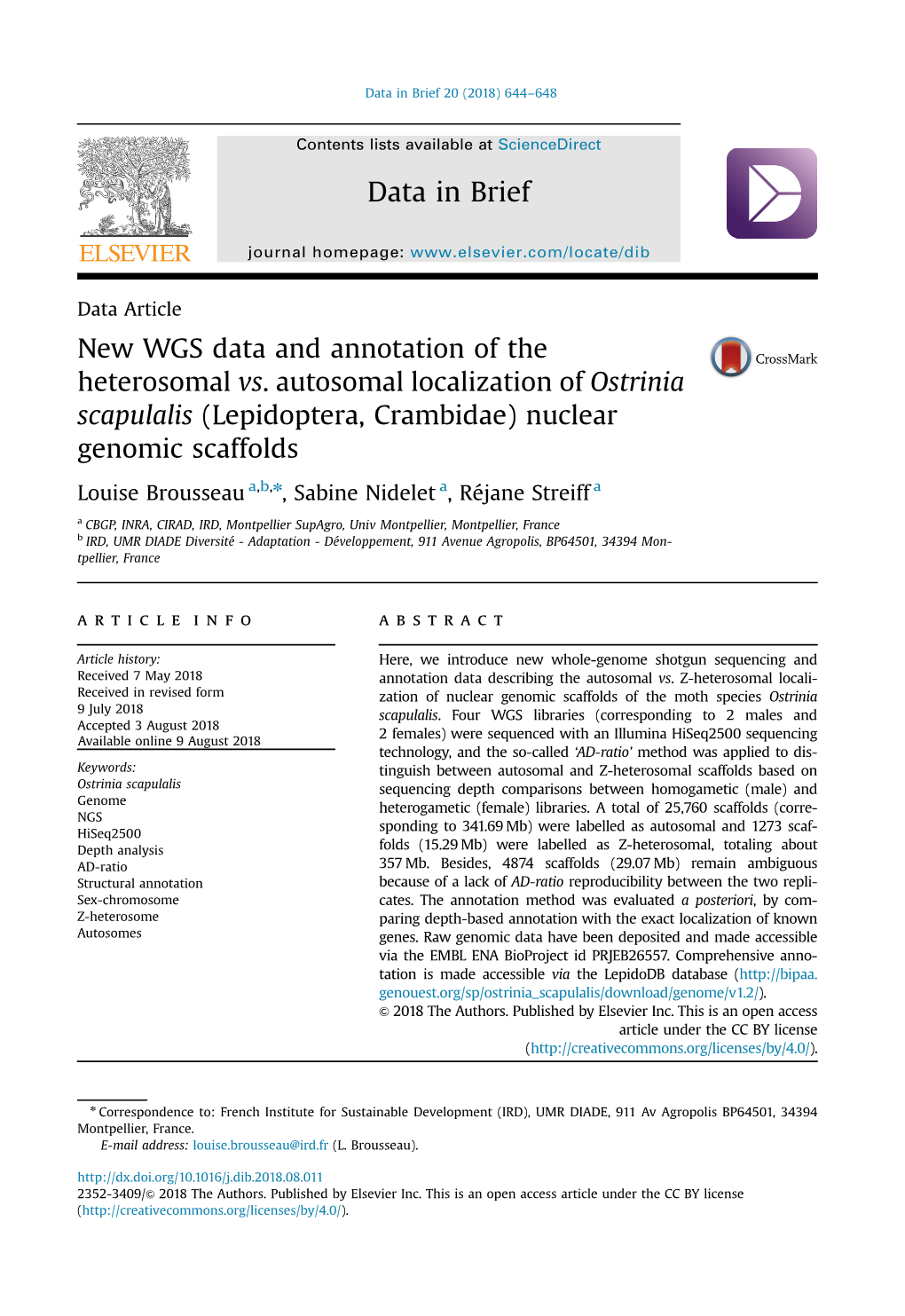 New WGS Data and Annotation of the Heterosomal Vs. Autosomal Localization of Ostrinia Scapulalis (Lepidoptera, Crambidae) Nuclear Genomic Scaffolds