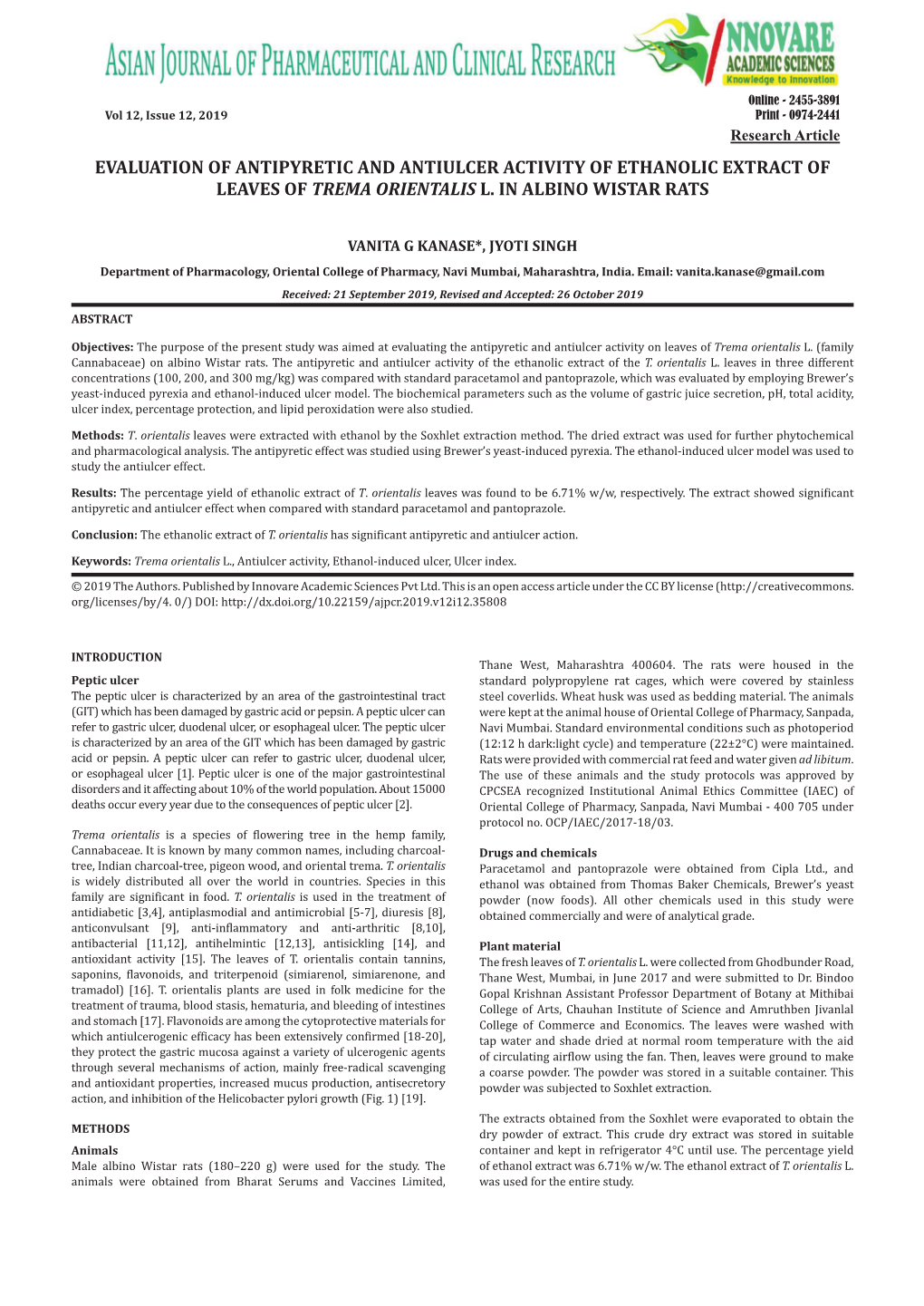 Evaluation of Antipyretic and Antiulcer Activity of Ethanolic Extract of Leaves of Trema Orientalis L