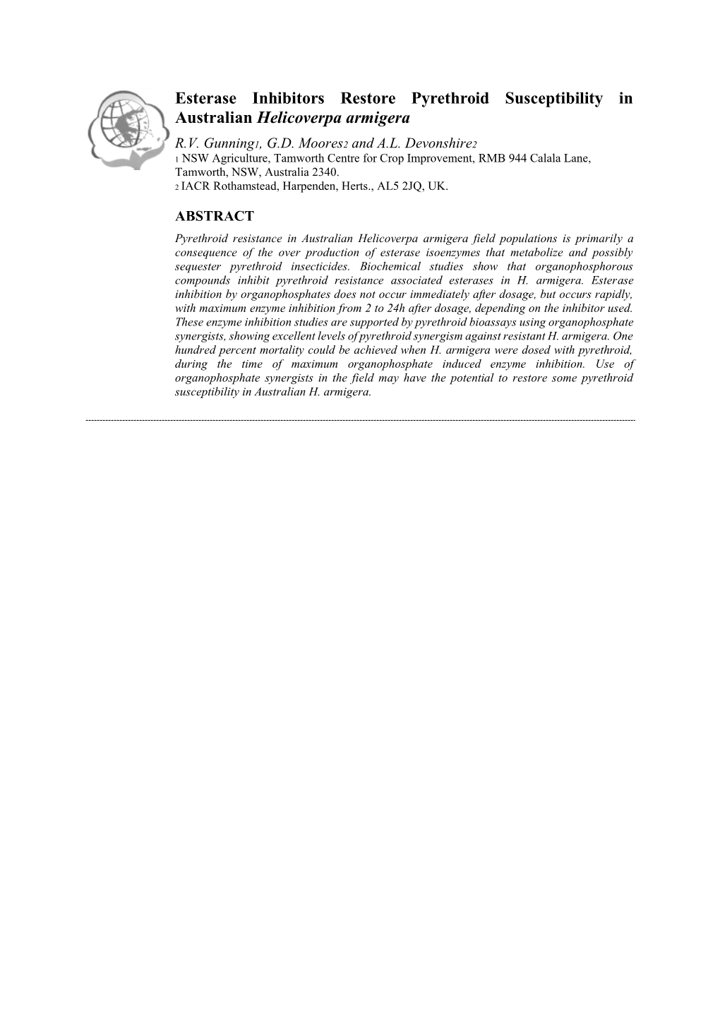 Esterase Inhibitors Restore Pyrethroid Susceptibility in Australian Helicoverpa Armigera