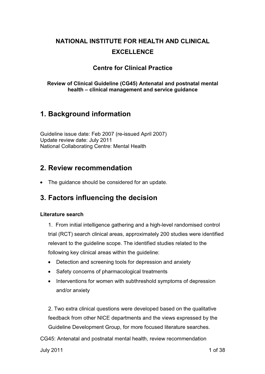 Review of Clinical Guideline (CG45) Antenatal and Postnatal Mental Health – Clinical Management and Service Guidance