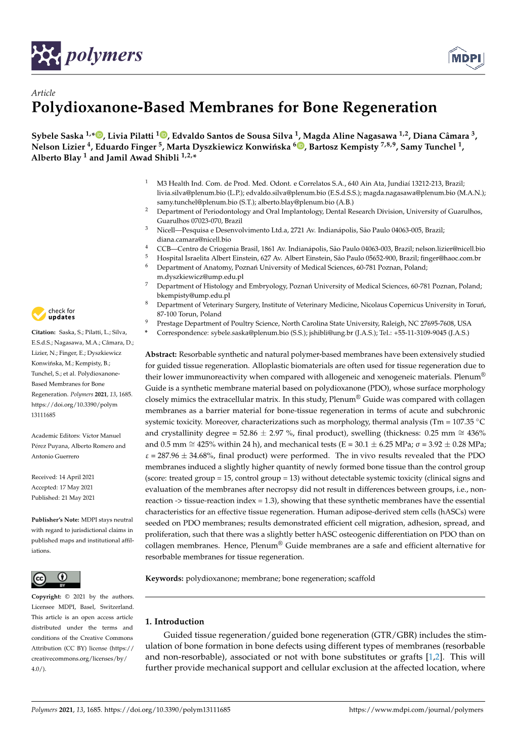 Polydioxanone-Based Membranes for Bone Regeneration