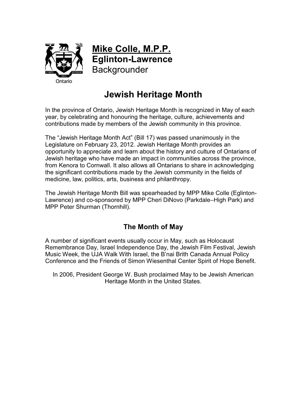 Mike Colle, M.P.P. Eglinton-Lawrence Backgrounder Jewish Heritage Month