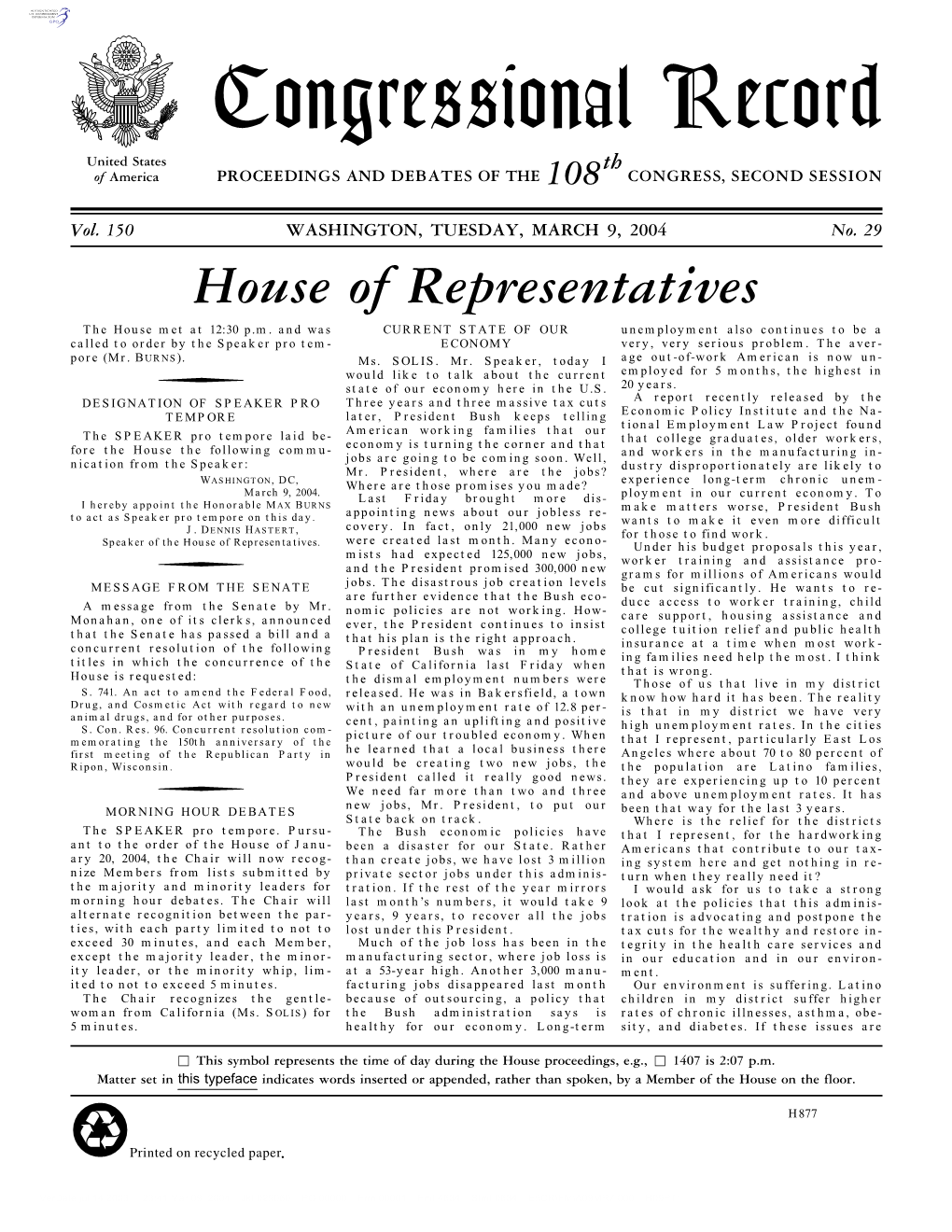 Congressional Record United States Th of America PROCEEDINGS and DEBATES of the 108 CONGRESS, SECOND SESSION