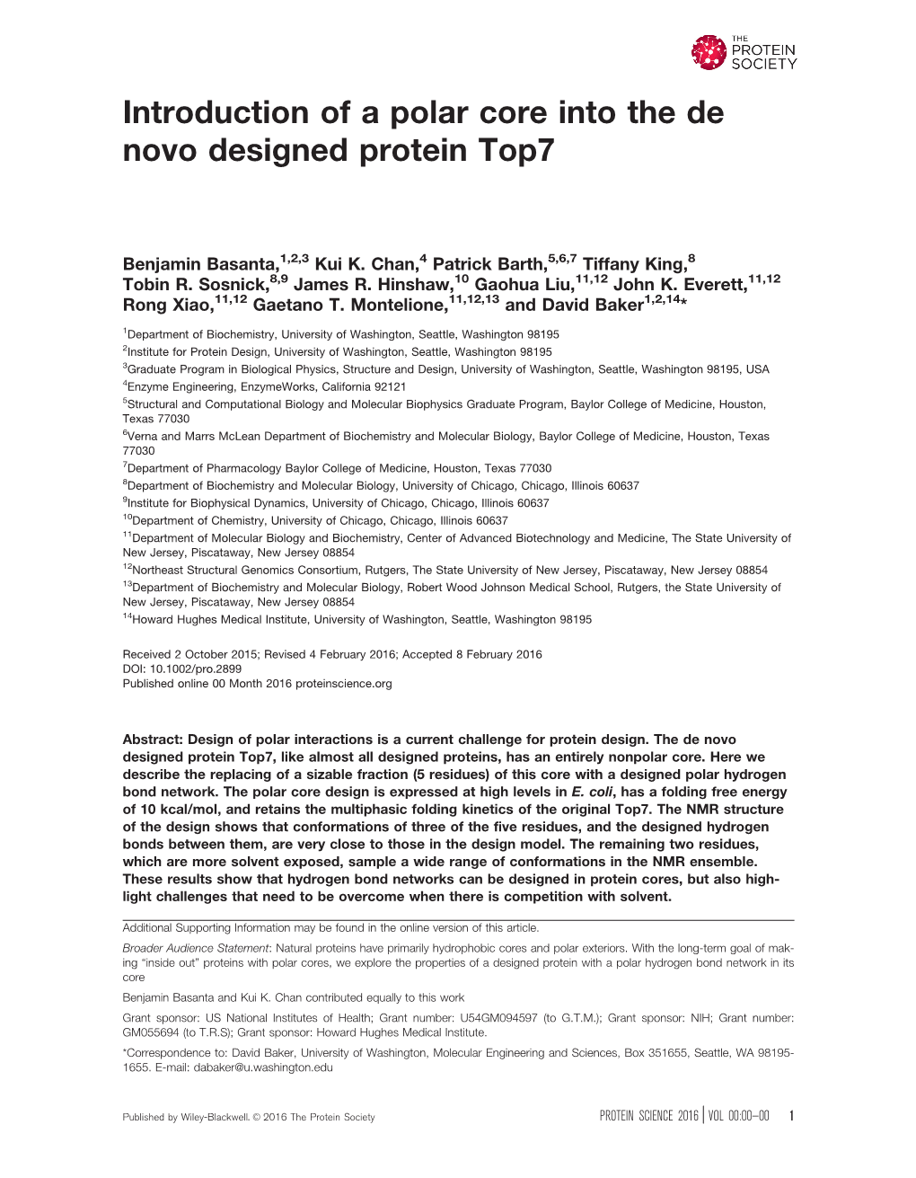 Introduction of a Polar Core Into the De Novo Designed Protein Top7