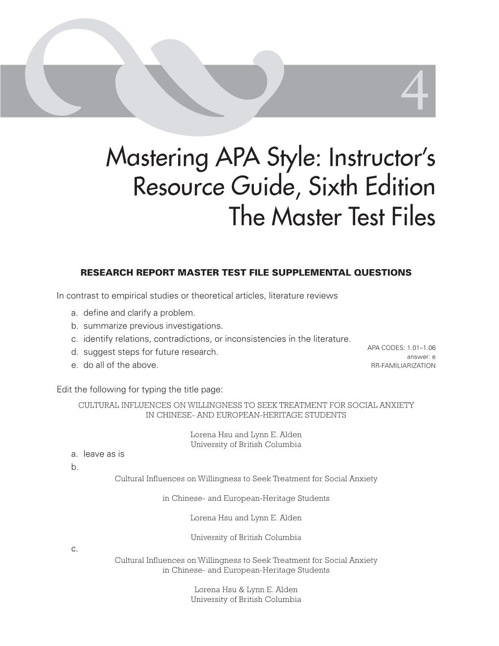 Mastering APA Style: Instructor's Resource Guide, Sixth Edition the Master Test Files