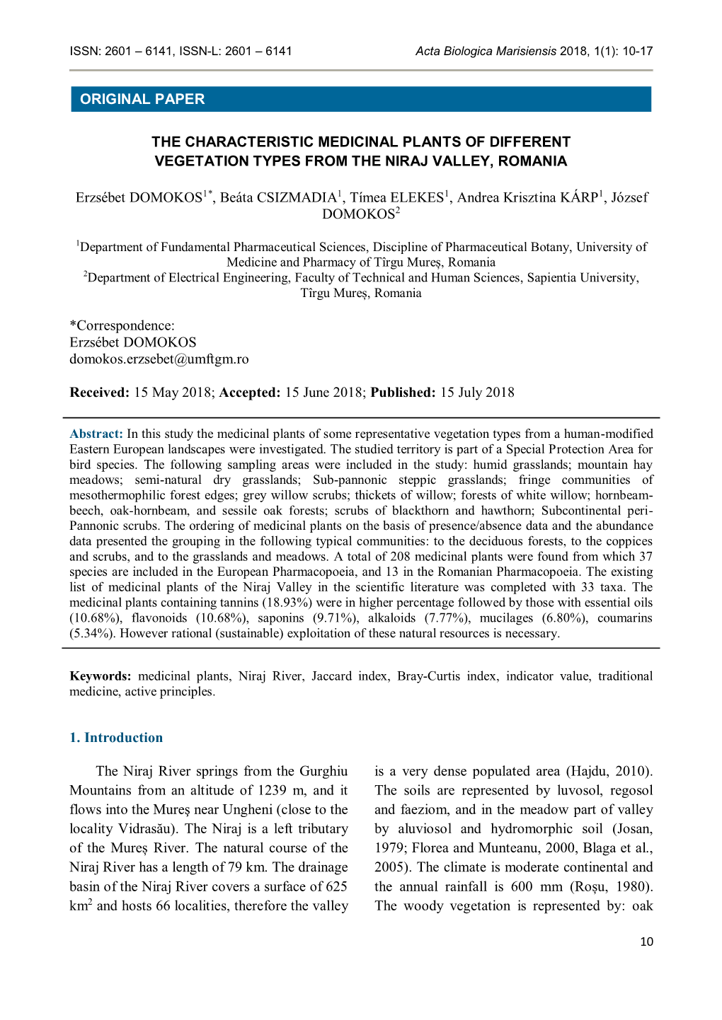 The Characteristic Medicinal Plants of Different Vegetation Types from the Niraj Valley, Romania