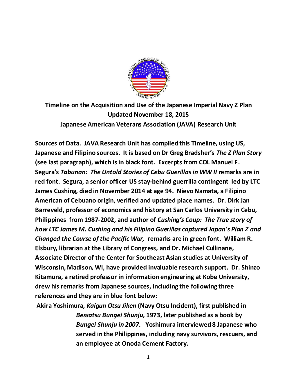 Timeline on the Acquisition and Use of the Japanese Imperial Navy Z Plan Updated November 18, 2015 Japanese American Veterans Association (JAVA) Research Unit