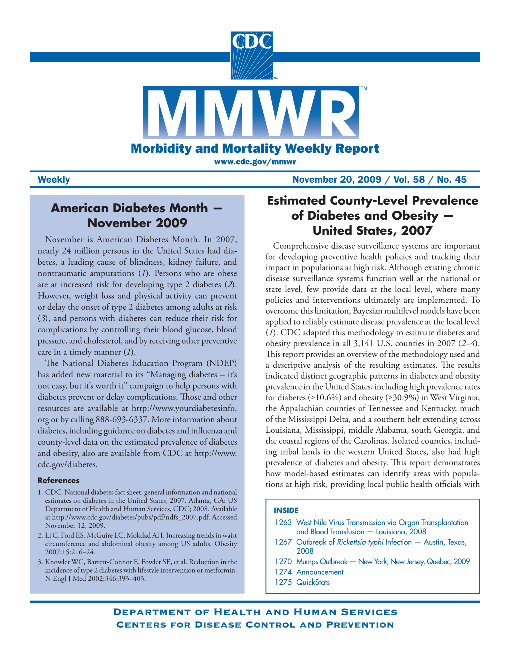 Morbidity and Mortality Weekly Report Weekly November 20, 2009 / Vol
