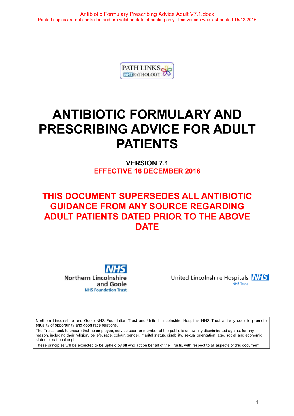 Antibiotic Formulary and Prescribing Advice for Adult Patients