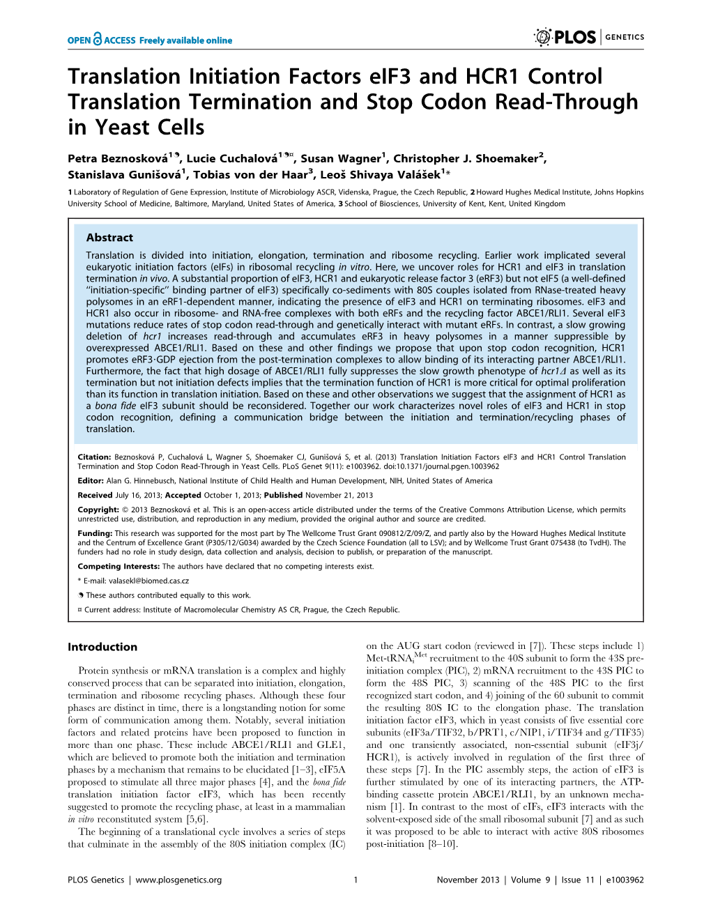 Translation Initiation Factors Eif3 and HCR1 Control Translation Termination and Stop Codon Read-Through in Yeast Cells