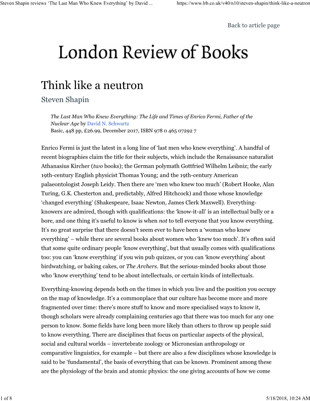 Steven Shapin Reviews 'The Last Man Who Knew Everything' by David N. Schwartz · LRB 24 May 2018