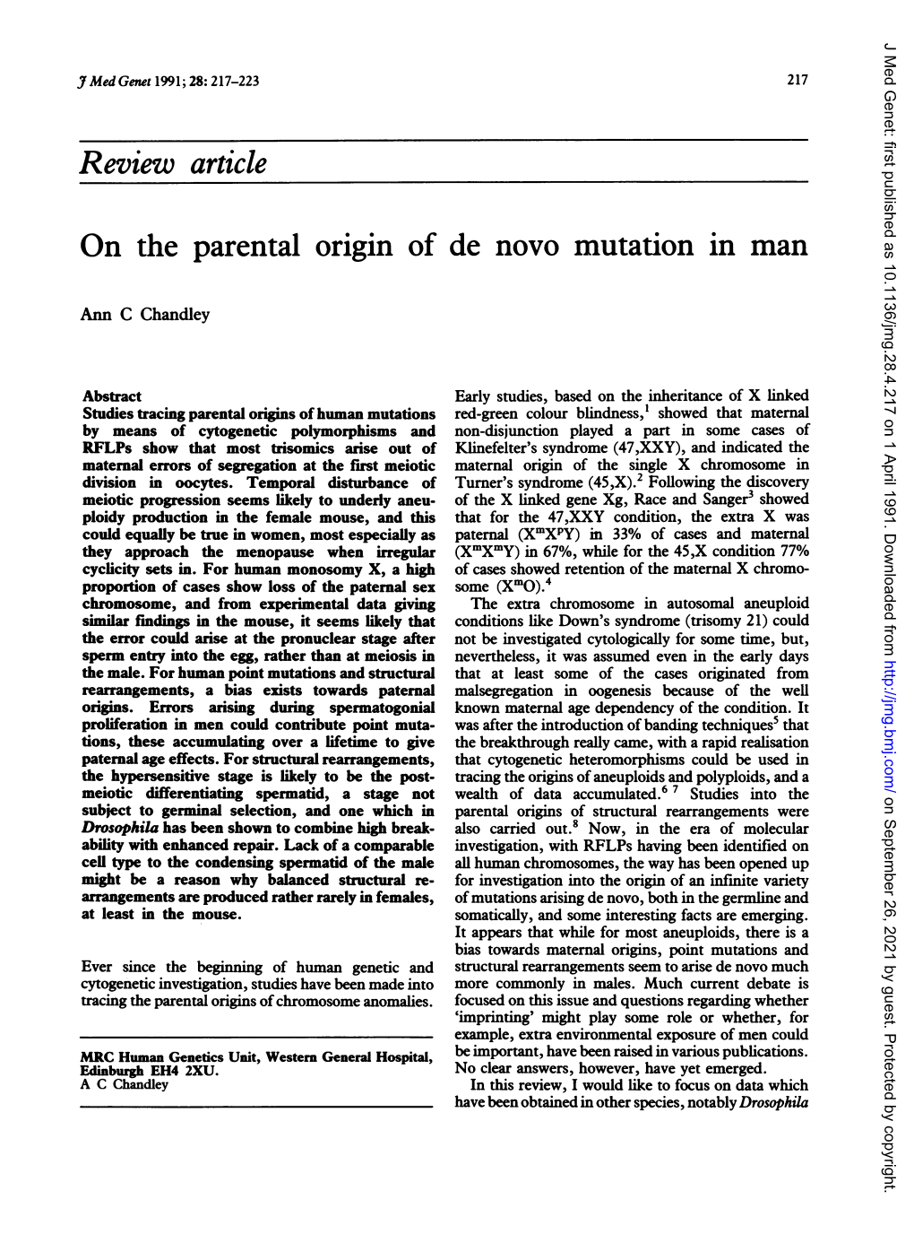 Review Article on the Parental Origin of De Novo Mutation In