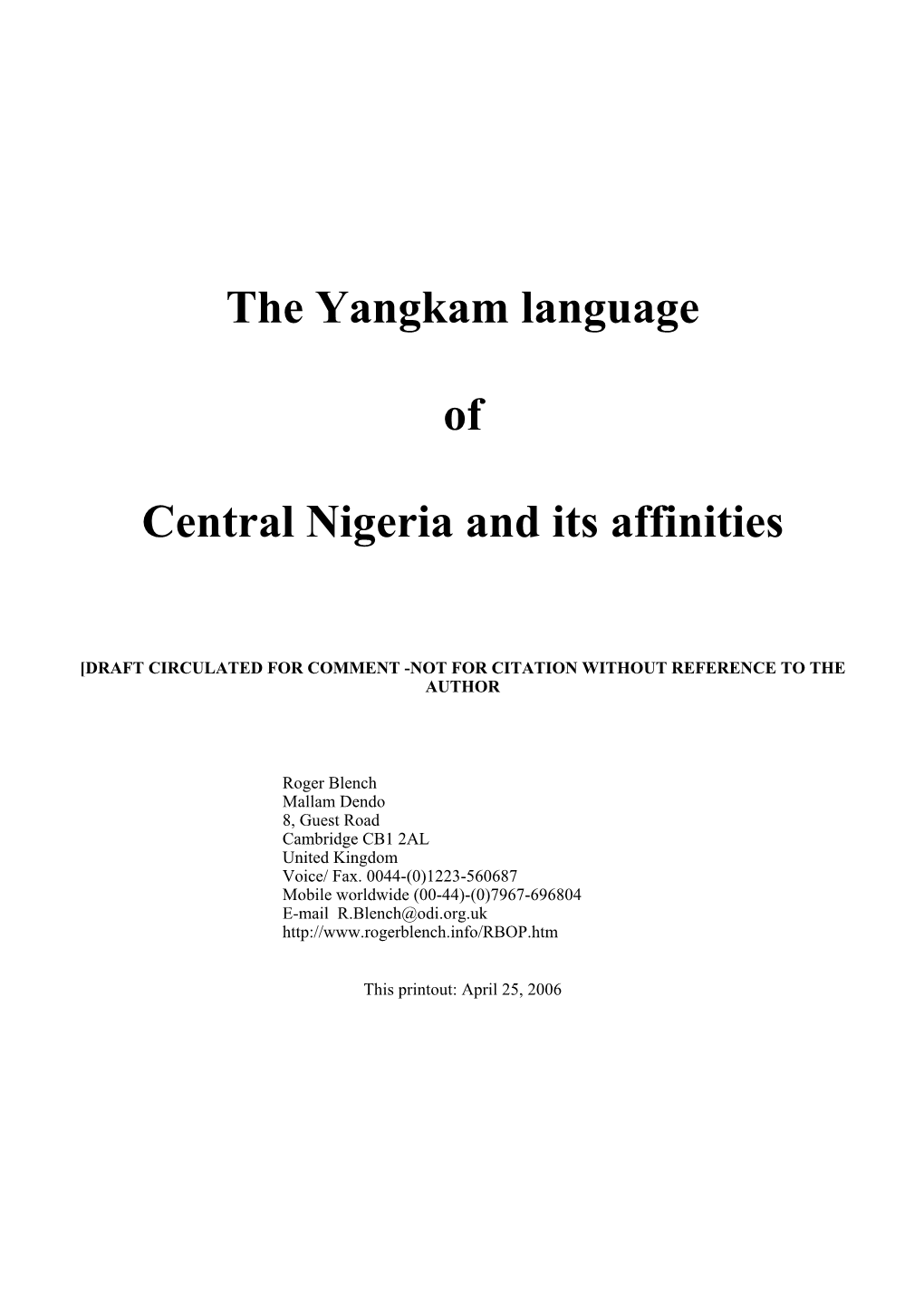 The Yangkam Language of Central Nigeria and Its Affinities