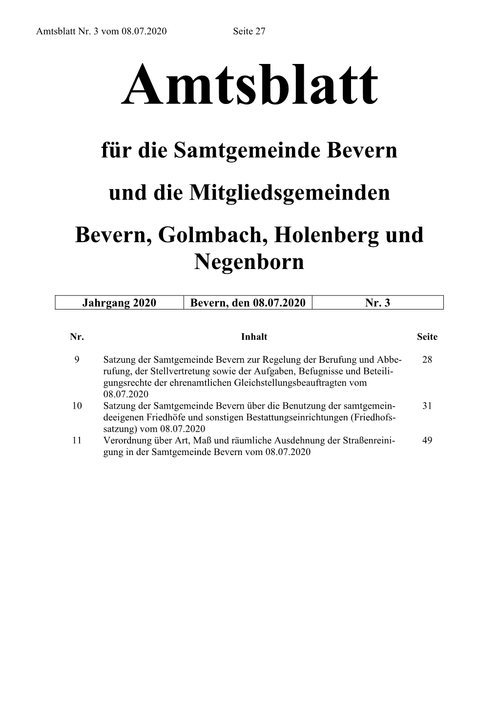 Amtsblatt Nr. 3 Vom 08.07.2020 Seite 27 Amtsblatt Für Die Samtgemeinde Bevern Und Die Mitgliedsgemeinden Bevern, Golmbach, Holenberg Und Negenborn