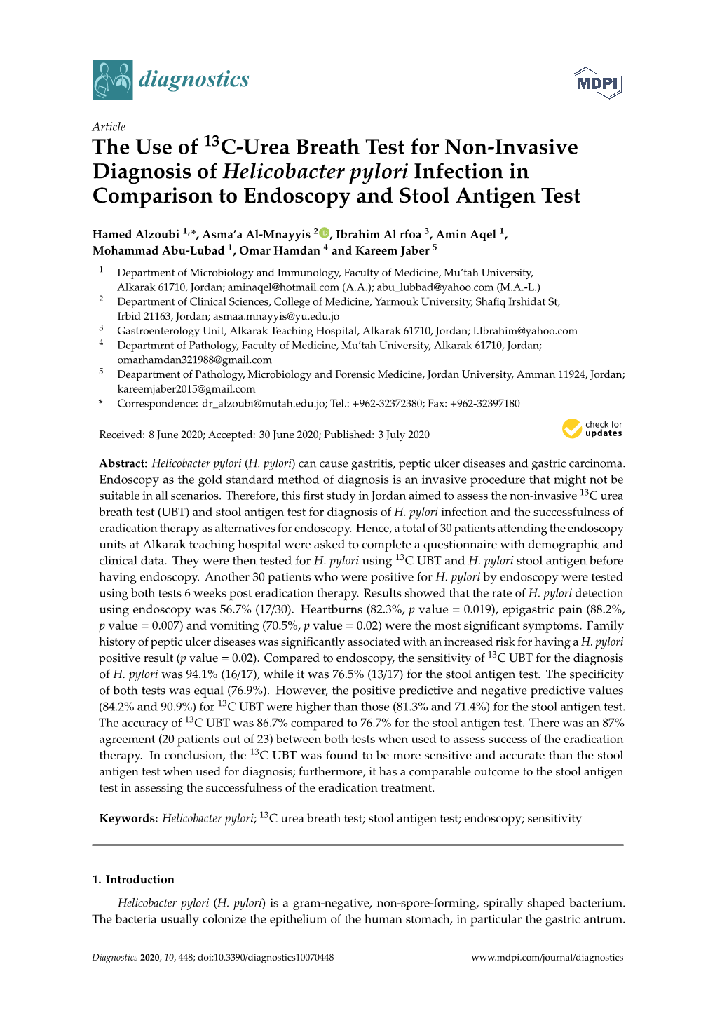 The Use of 13C-Urea Breath Test for Non-Invasive Diagnosis of Helicobacter Pylori Infection in Comparison to Endoscopy and Stool Antigen Test