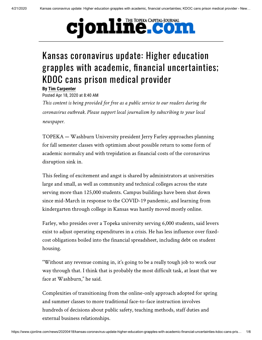 Kansas Coronavirus Update: Higher Education Grapples with Academic, Financial Uncertainties; KDOC Cans Prison Medical Provider - New…