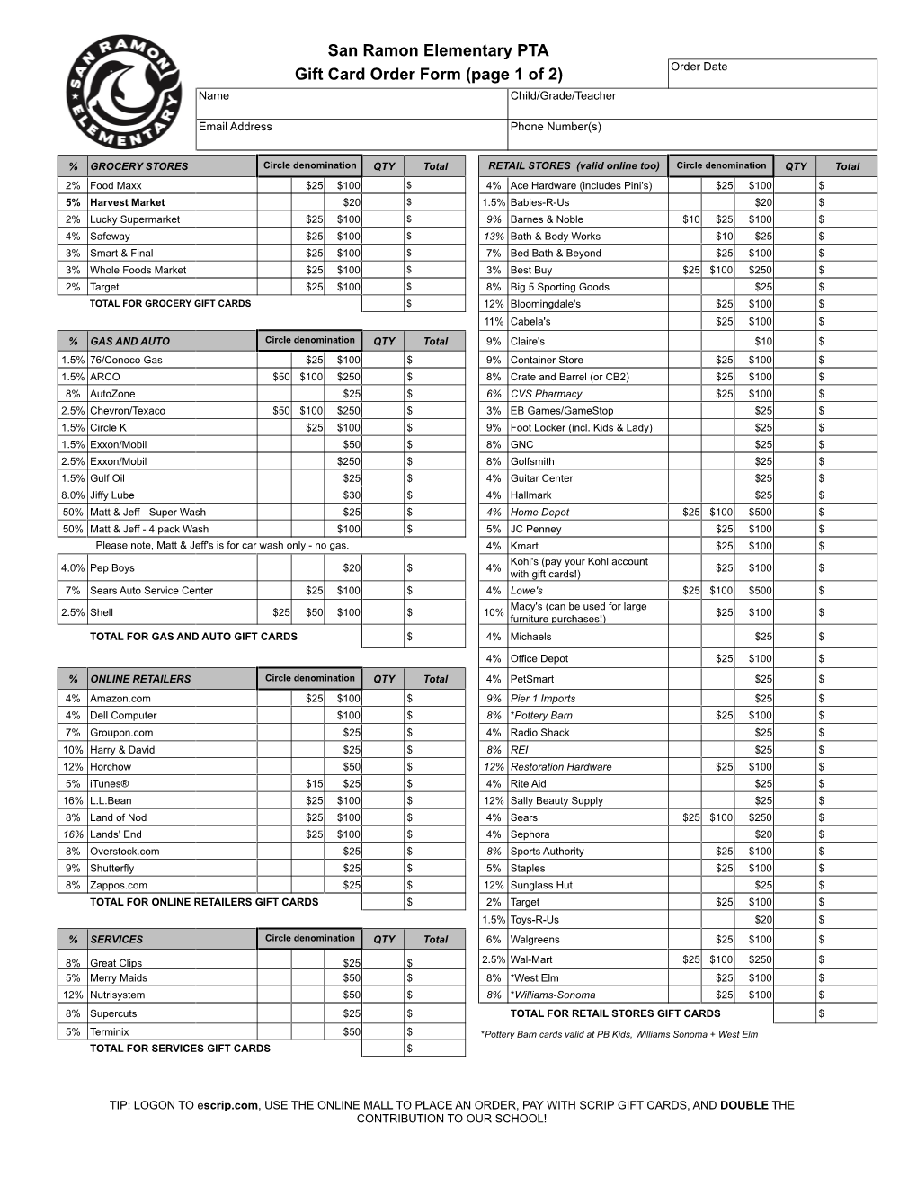 San Ramon Gift Card Order Form