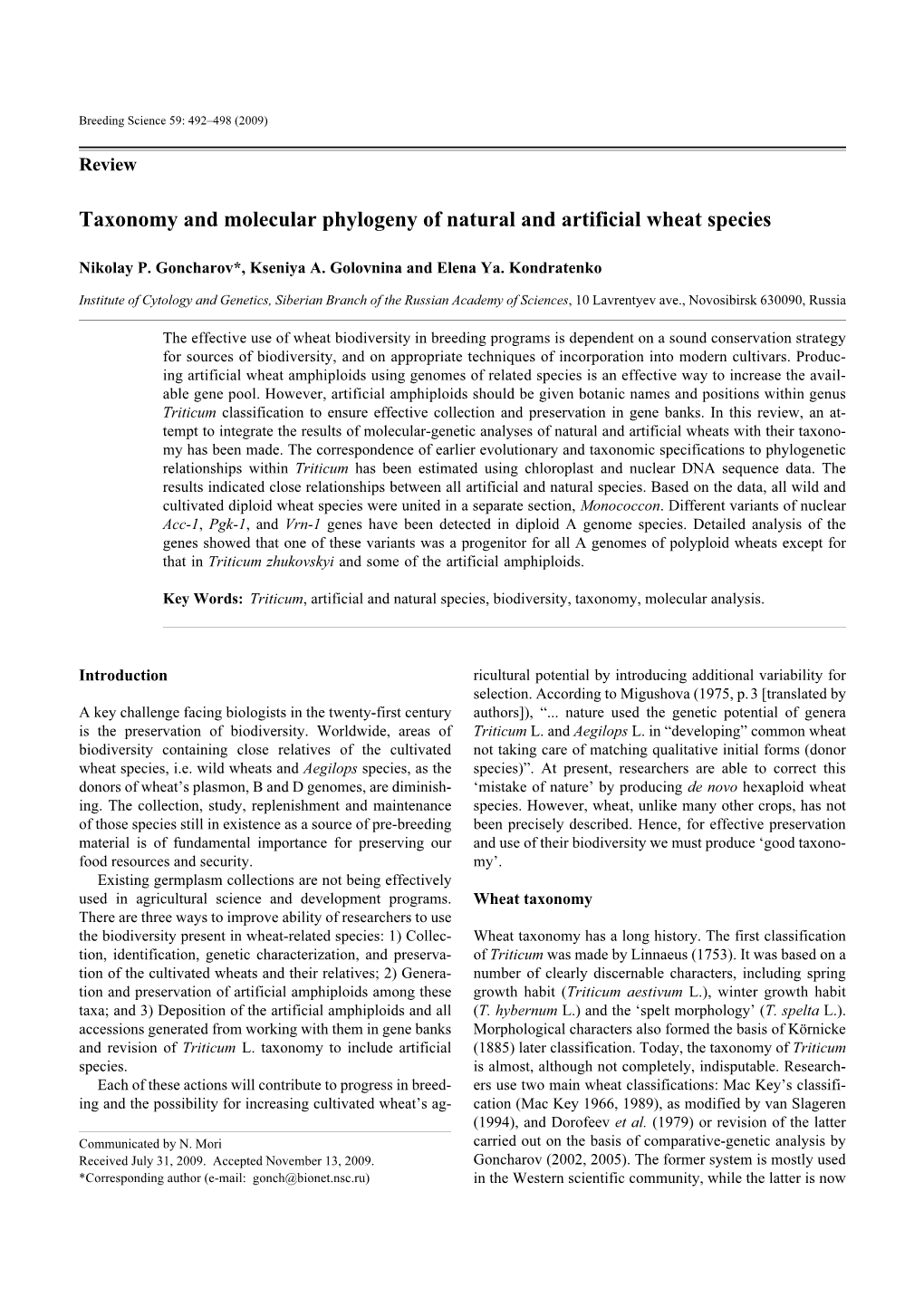 Taxonomy and Molecular Phylogeny of Natural and Artificial Wheat Species