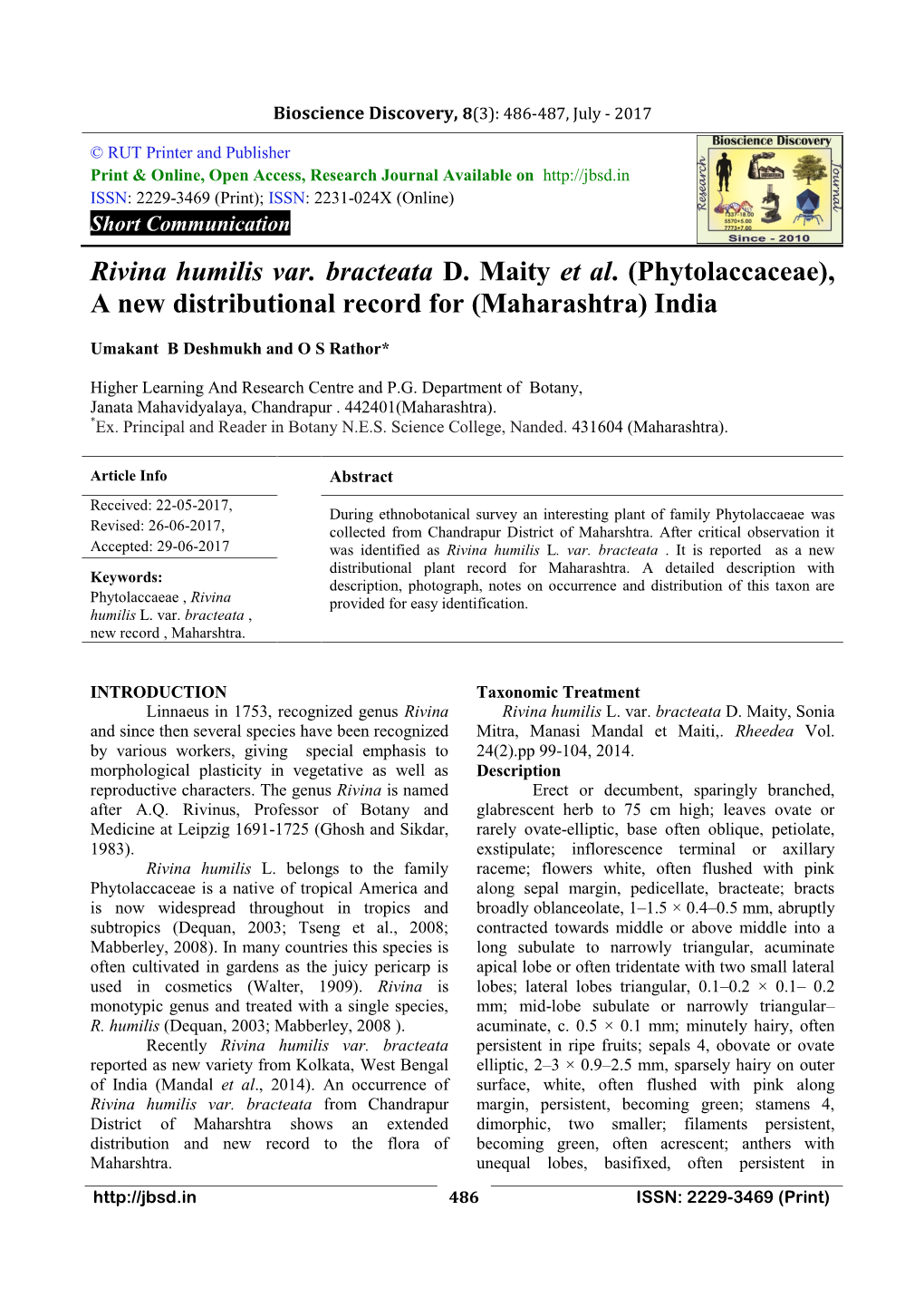 Rivina Humilis Var. Bracteata D. Maity Et Al. (Phytolaccaceae), a New Distributional Record for (Maharashtra) India