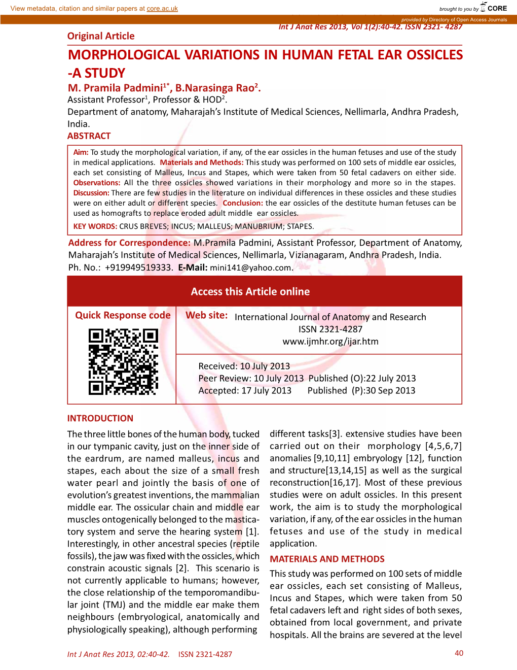 Morphological Variations in Human Fetal Ear Ossicles -A Study M