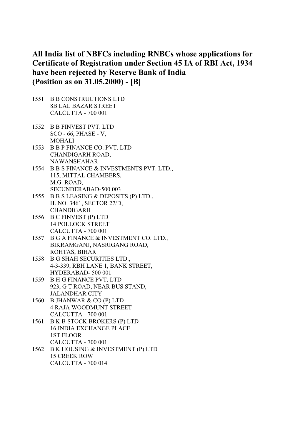 India List of Nbfcs Including Rnbcs Whose Applications for Certificate Of