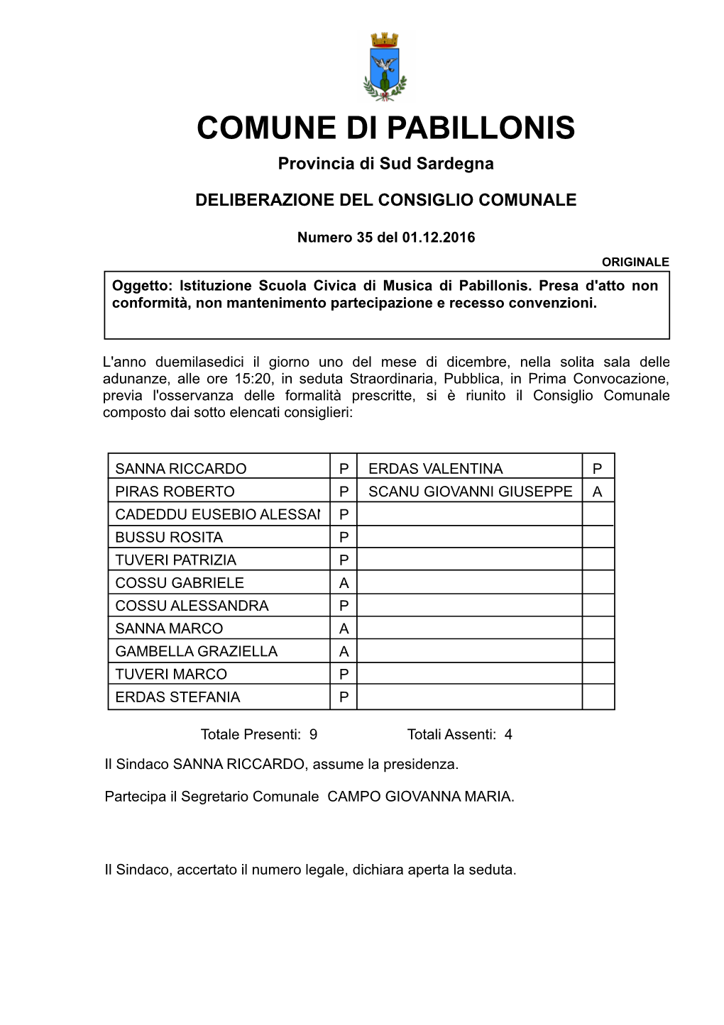 Deliberazione N. 35 Del 01-12-2016