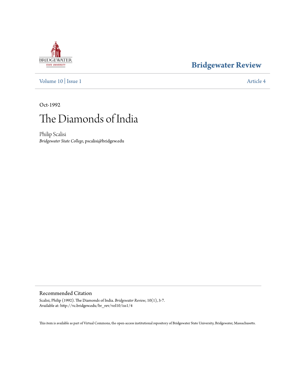 The Diamonds of India Philip Scalisi Bridgewater State College, Pscalisi@Bridgew.Edu