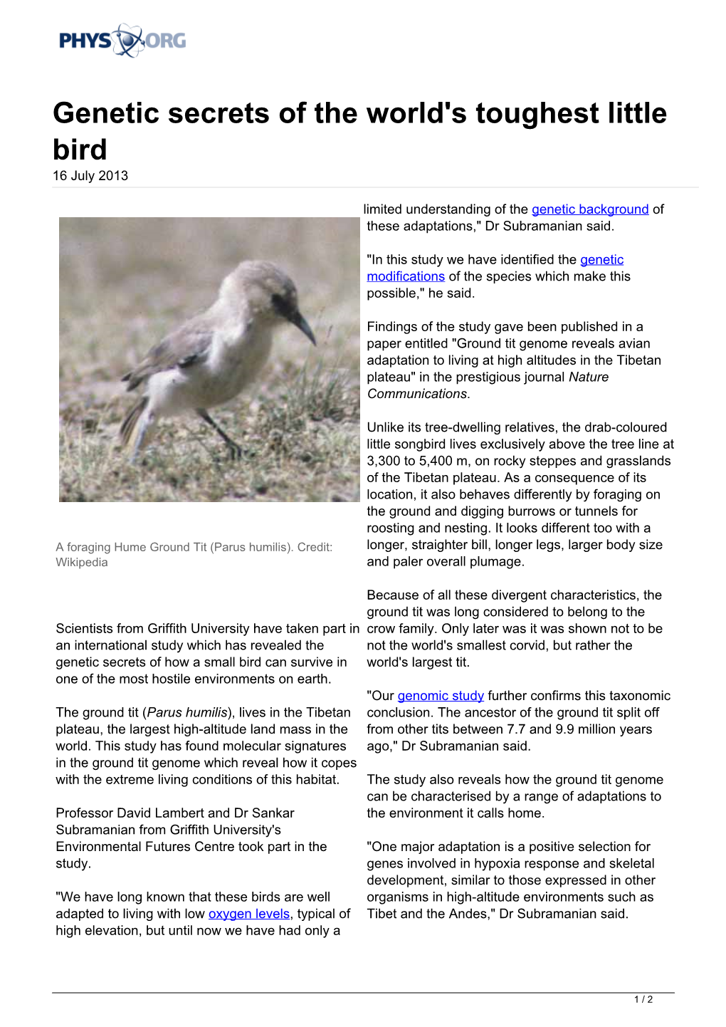 Genetic Secrets of the World's Toughest Little Bird 16 July 2013
