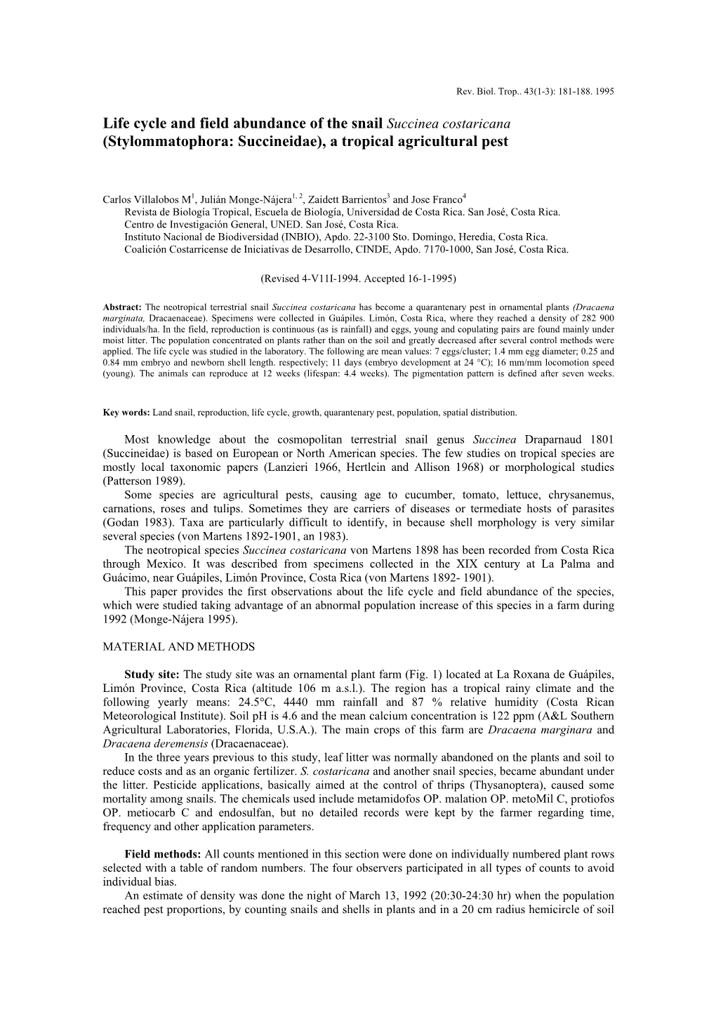 Life Cycle and Field Abundance of the Snail Succinea Costaricana (Stylommatophora: Succineidae), a Tropical Agricultural Pest