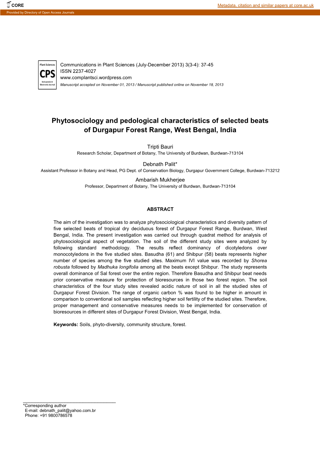 Bauri Et Al. 2013. Phytosociology and Pedological Characteristics of Selected Beats…