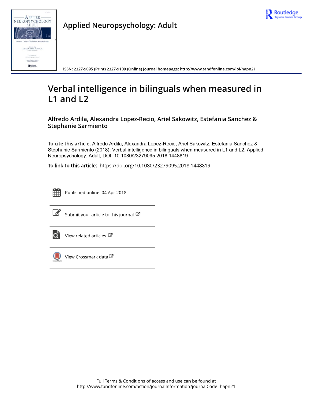 2018 Ardila Et Al. Verbal Intelligence in Bilinguals When Measured in L1