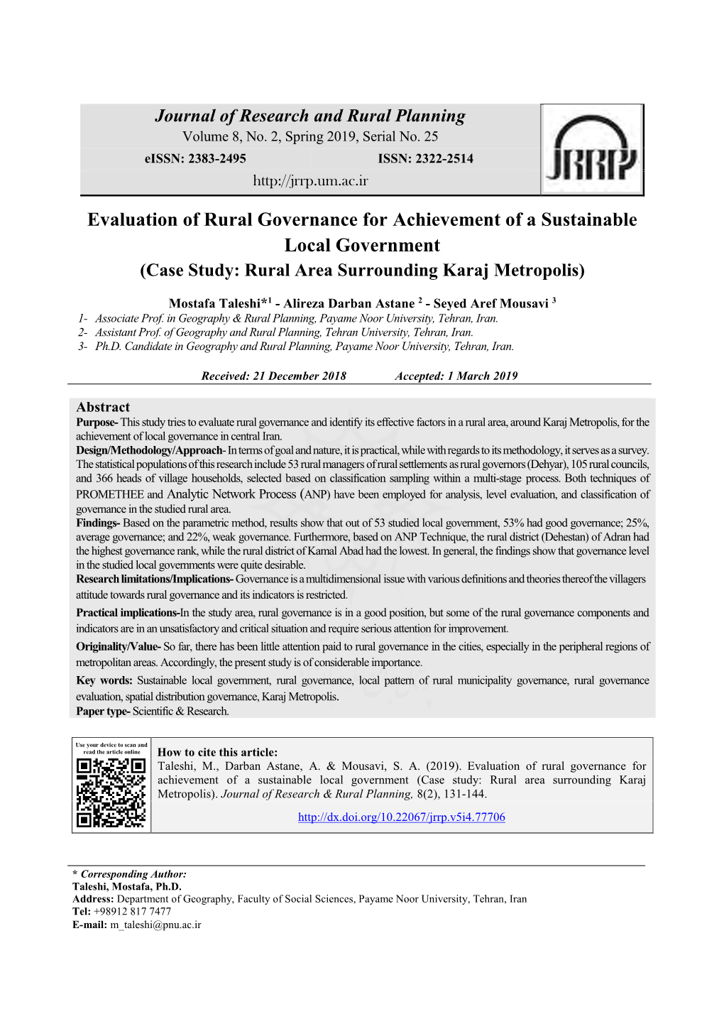 Evaluation of Rural Governance for Achievement of a Sustainable Local Government (Case Study: Rural Area Surrounding Karaj Metropolis)