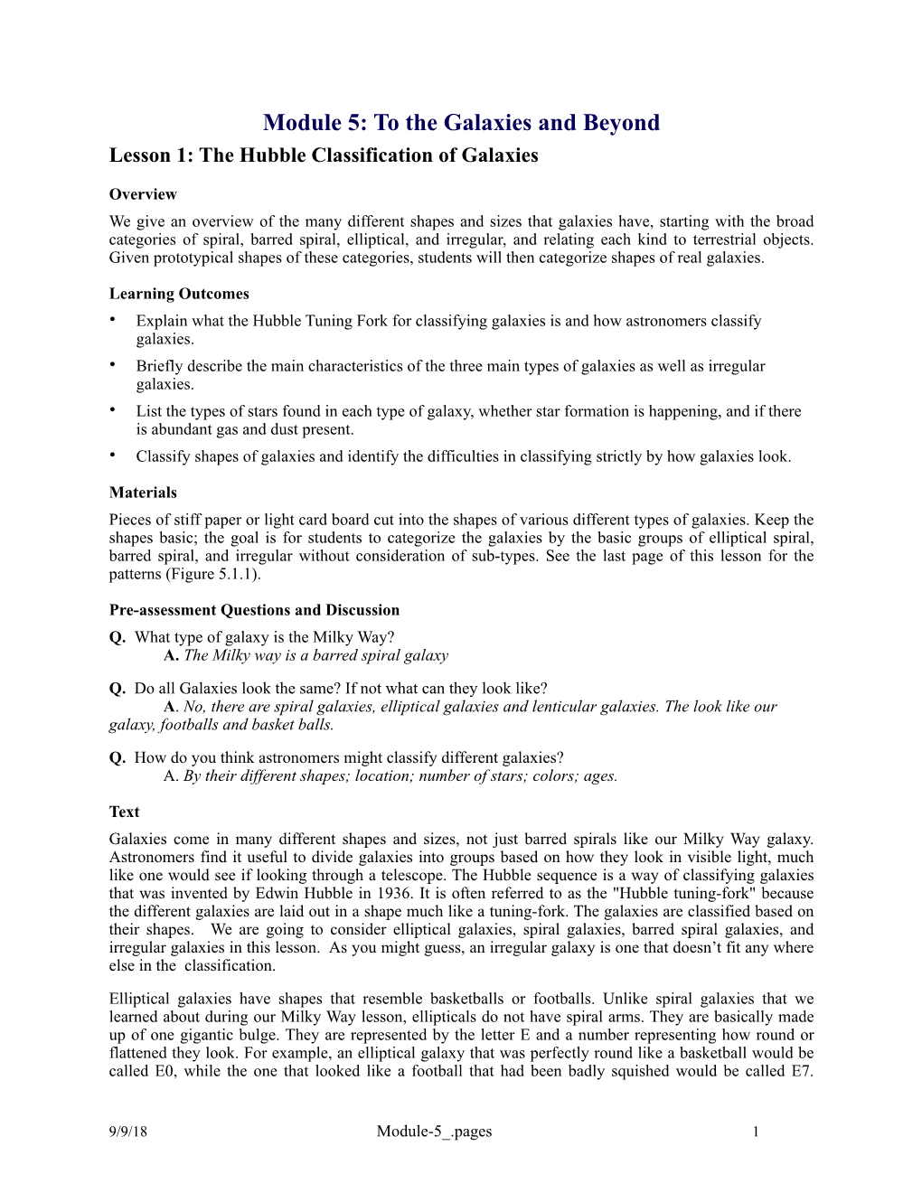 Module 5: to the Galaxies and Beyond Lesson 1: the Hubble Classification of Galaxies