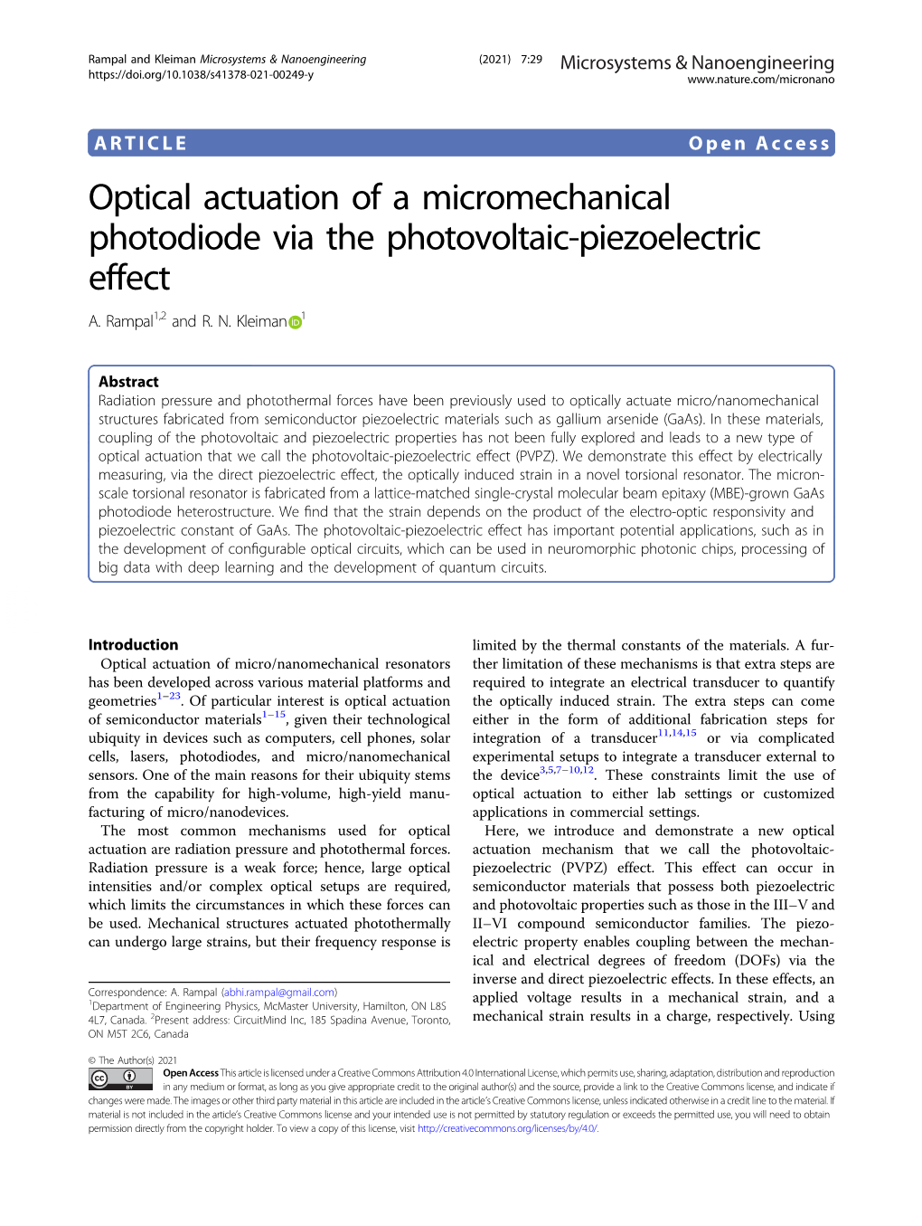 Optical Actuation of a Micromechanical Photodiode Via the Photovoltaic-Piezoelectric Effect A