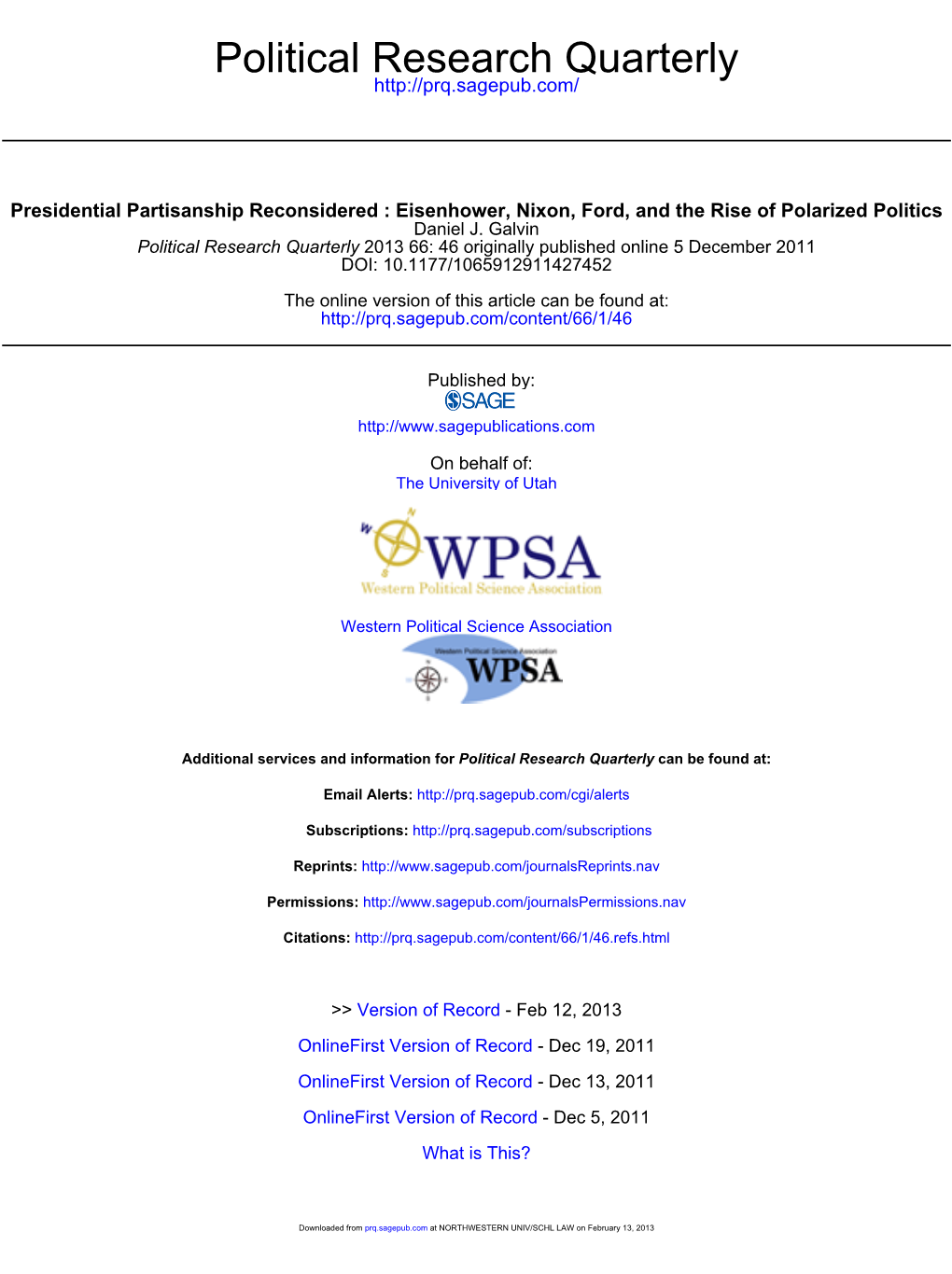 Presidential Partisanship Reconsidered : Eisenhower, Nixon, Ford, and the Rise of Polarized Politics Daniel J