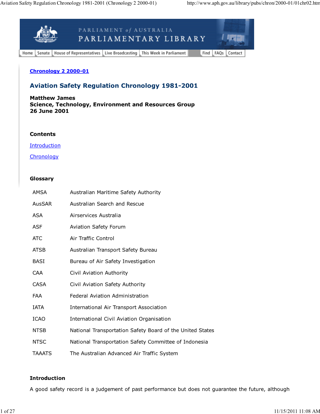 Aviation Safety Regulation Chronology 1981-2001 (Chronology 2 2000-01)