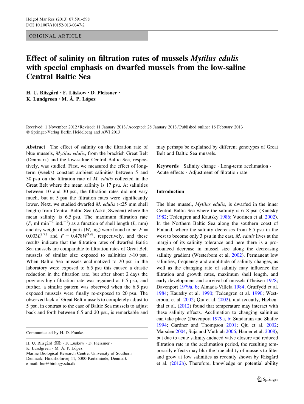 Effect of Salinity on Filtration Rates of Mussels Mytilus Edulis with Special