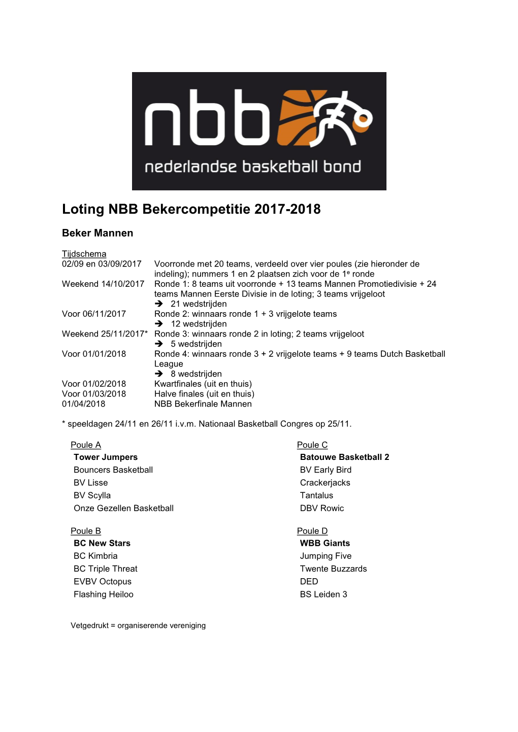 Loting NBB Bekercompetitie 2017-2018