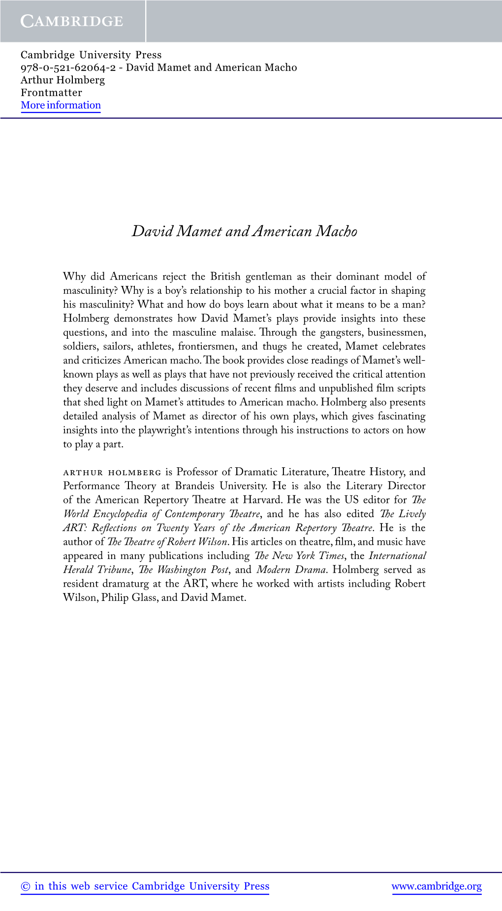 David Mamet and American Macho Arthur Holmberg Frontmatter More Information