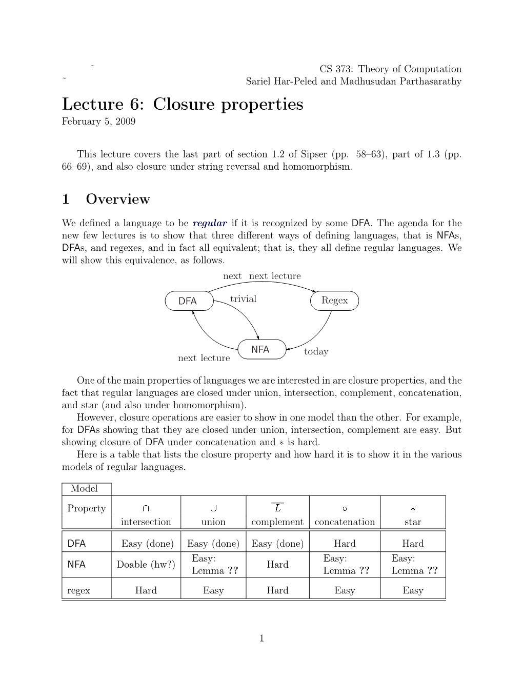 Lecture 6: Closure Properties February 5, 2009