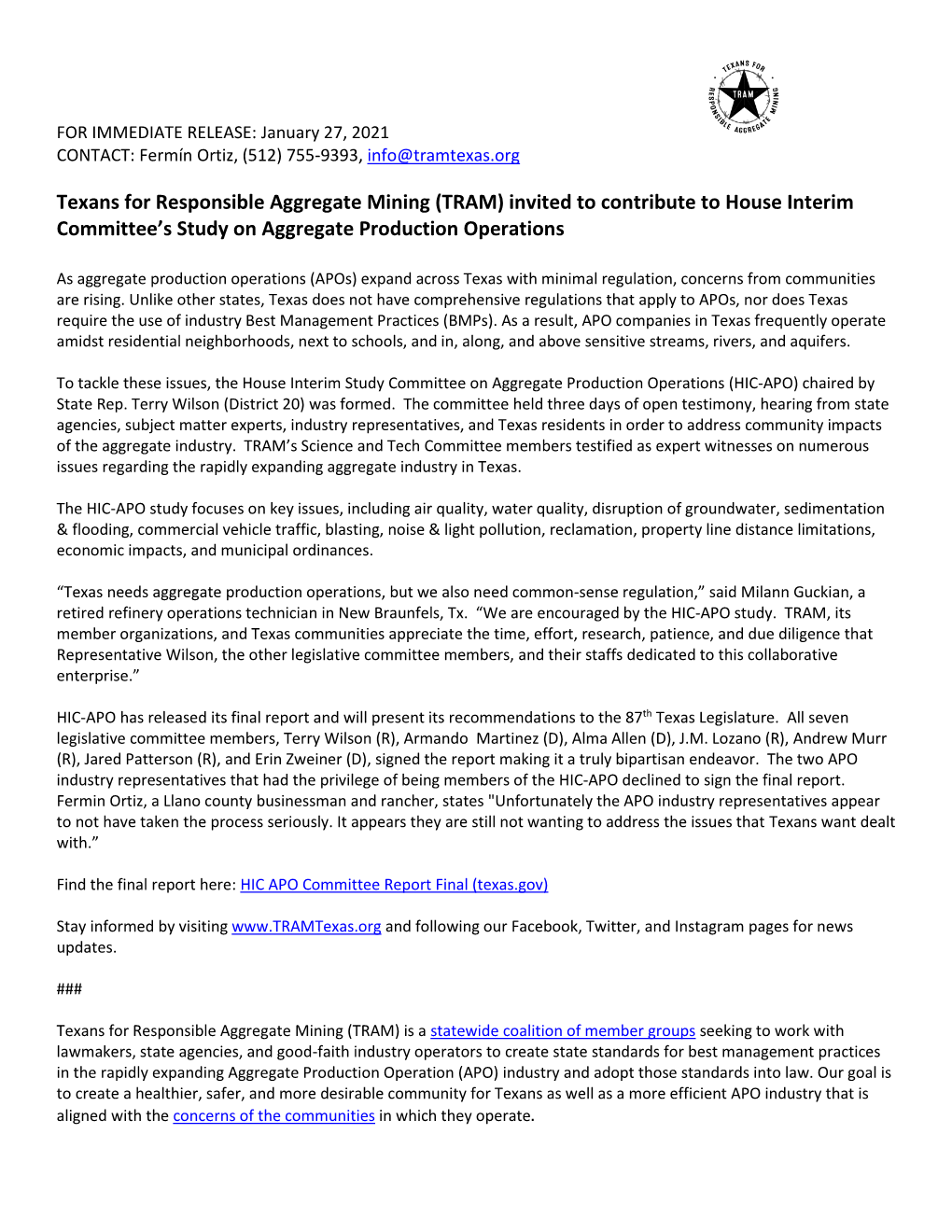 TRAM Press Release