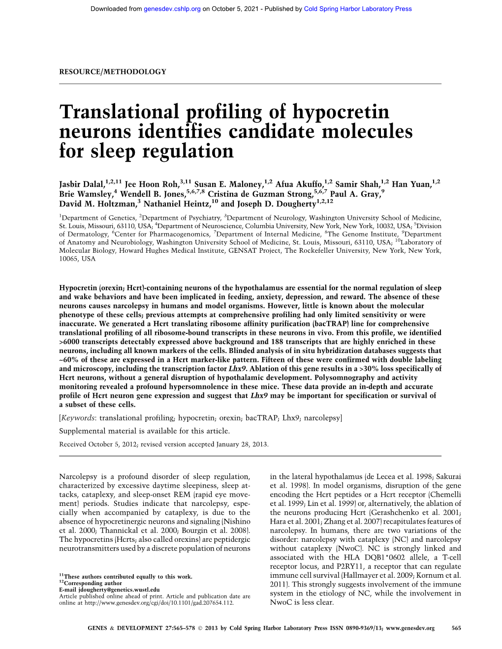 Translational Profiling of Hypocretin Neurons Identifies Candidate Molecules for Sleep Regulation