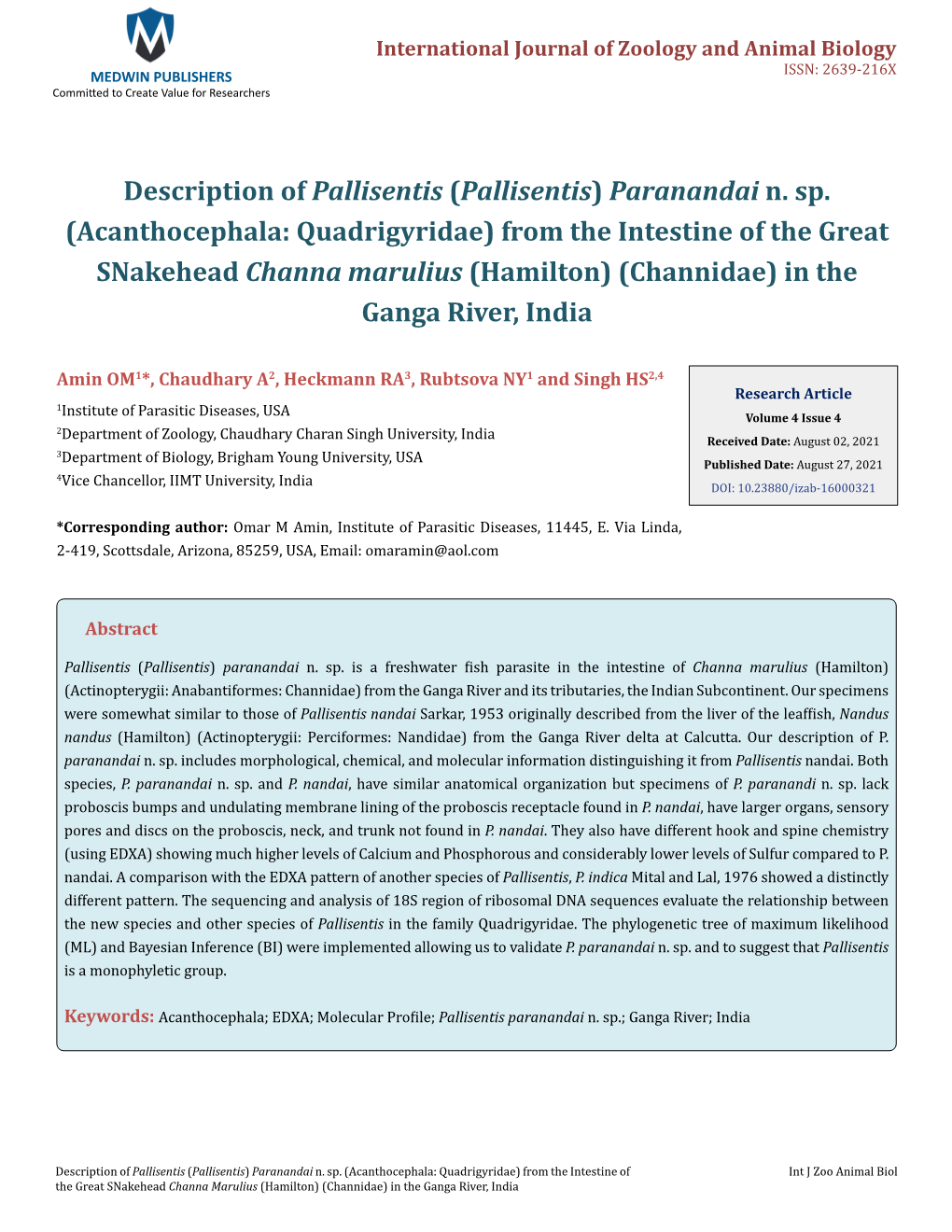 Pallisentis) Paranandai N. Sp. (Acanthocephala: Quadrigyridae