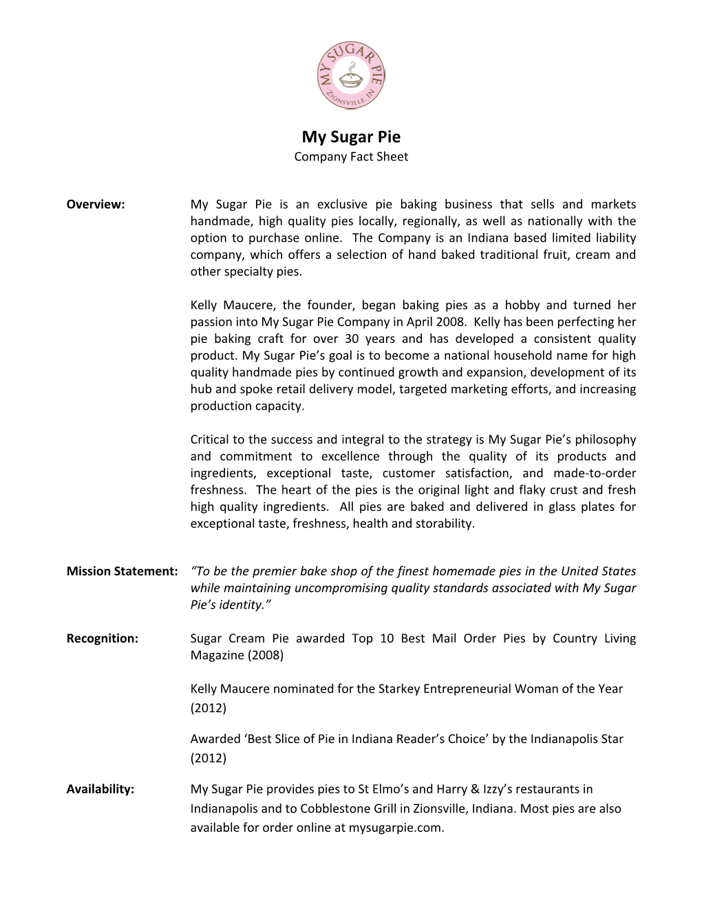 My Sugar Pie Company Fact Sheet