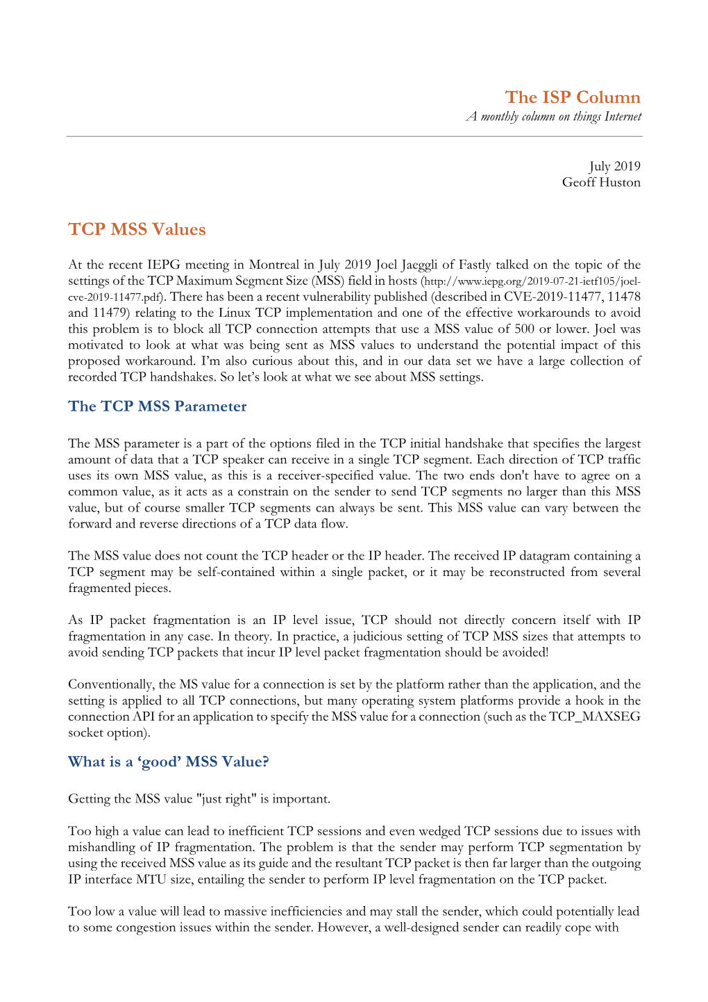 The ISP Column TCP MSS Values