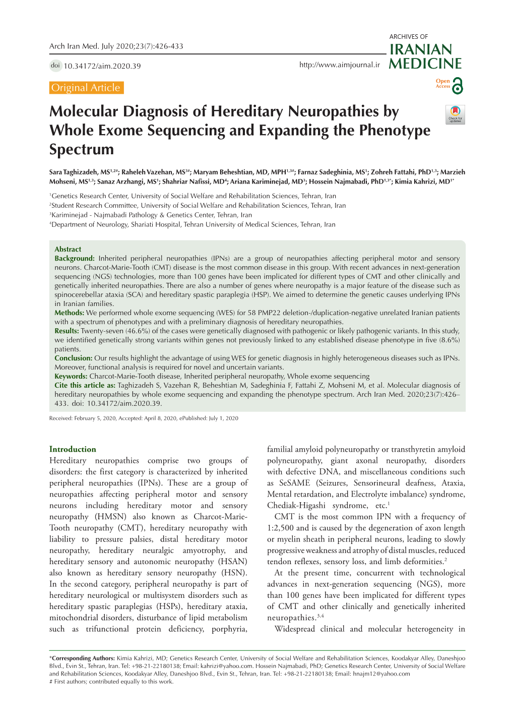 Molecular Diagnosis of Hereditary Neuropathies by Whole Exome Sequencing and Expanding the Phenotype Spectrum