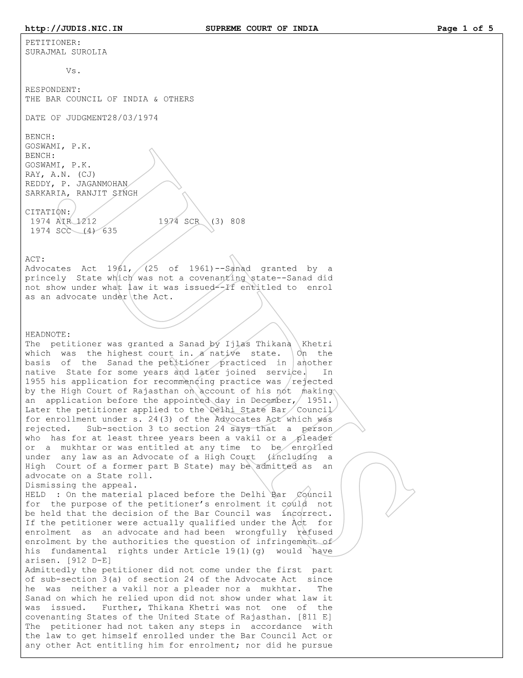 SUPREME COURT of INDIA Page 1 of 5 PETITIONER: SURAJMAL SUROLIA